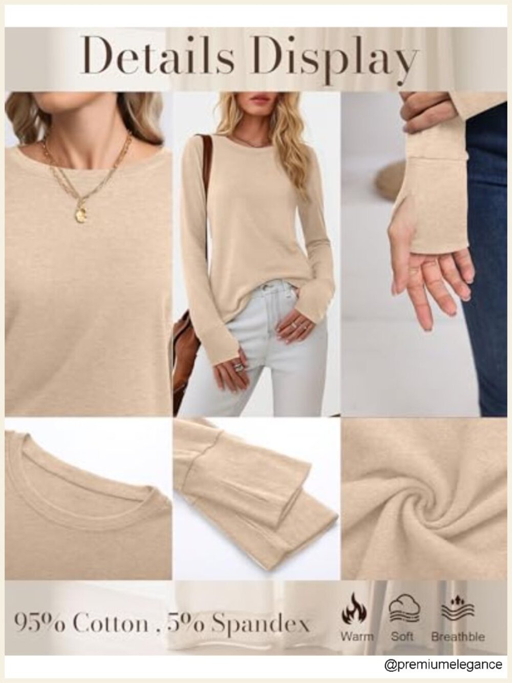 3 Pack Women's Long Sleeve Cotton Shirts With Thumb Holes - 95% Cotton Basic View 4